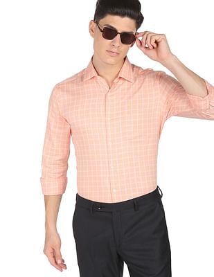 men orange windowpane check dobby formal shirt