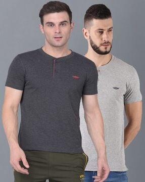 men pack of 2 logo print henley-neck regular fit t-shirts