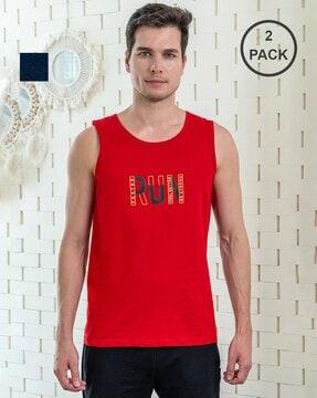 men pack of 2 typographic print round-neck vests