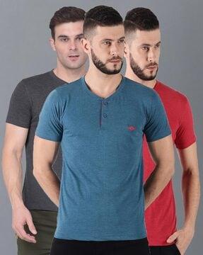 men pack of 3 logo print henley-neck regular fit t-shirts