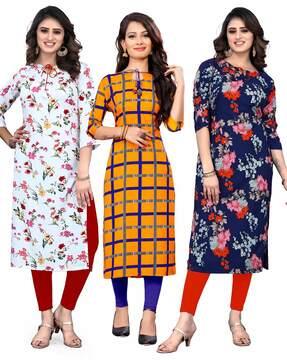 men pack of 3 printed round-neck straight kurtas