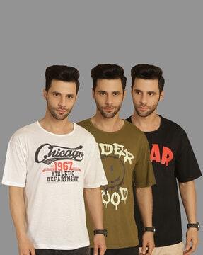 men pack of 3 typographic print loose fit crew-neck t-shirts