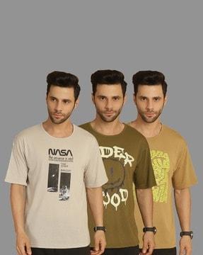 men pack of 3 typographic print loose fit crew-neck t-shirts