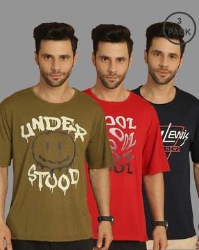 men pack of 3 typographic print loose fit crew-neck t-shirts