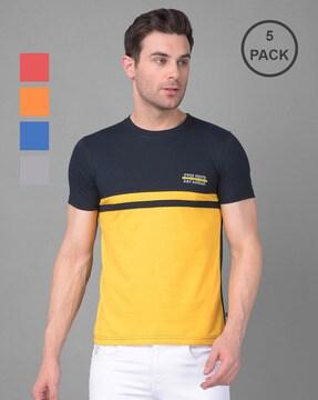 men pack of 5 colourblock regular fit crew-neck t-shirts