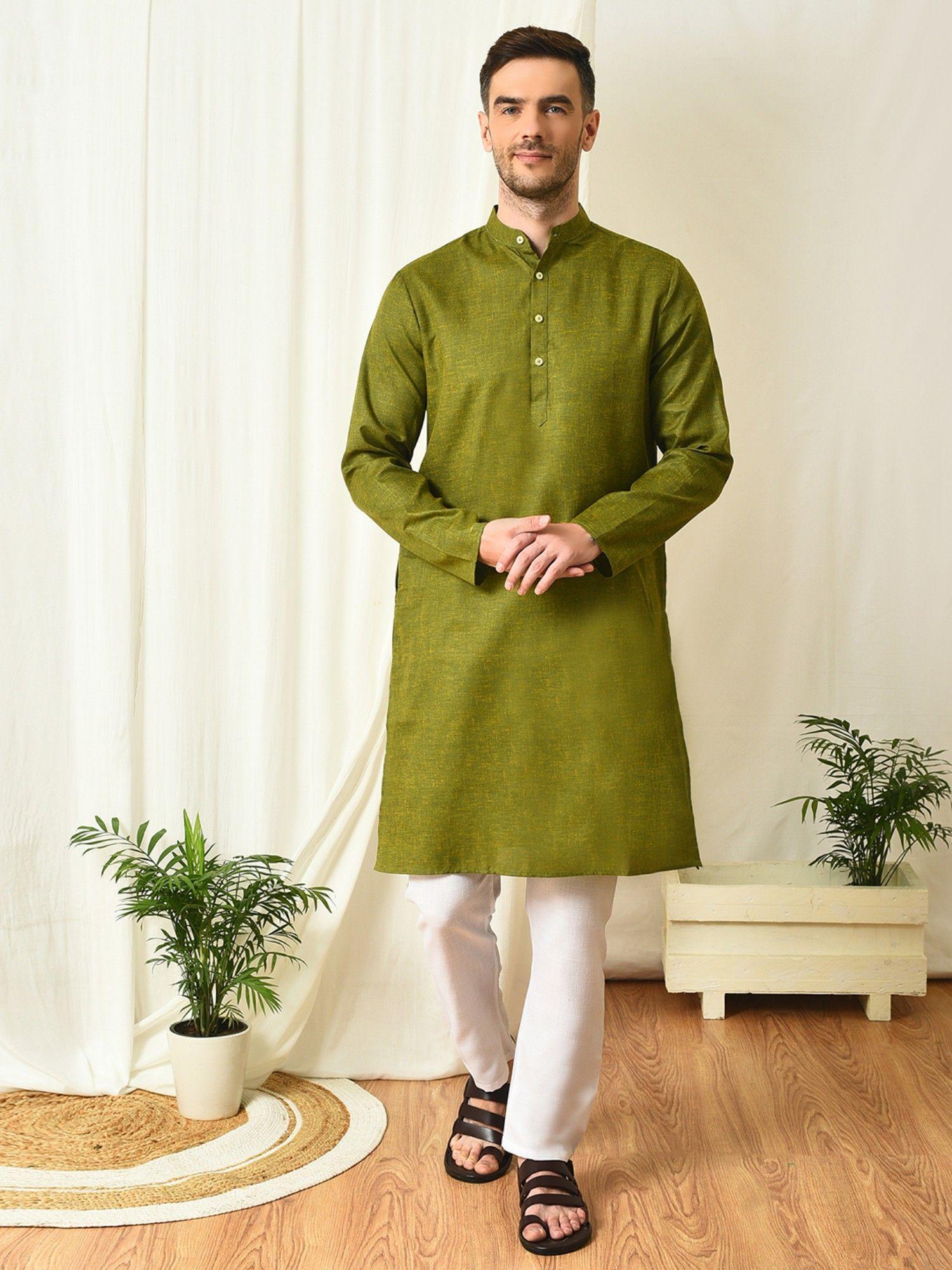 men party wear kurta and pyjama olive (set of 2)