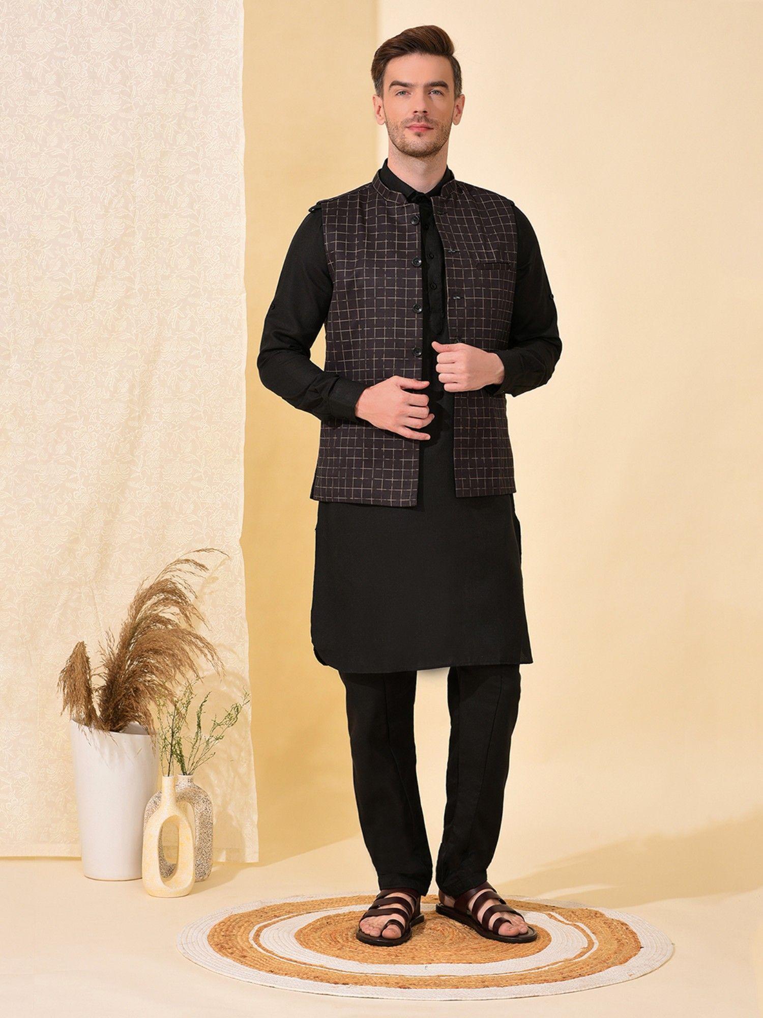 men party wear kurta-pyjama with jacket black (set of 3)