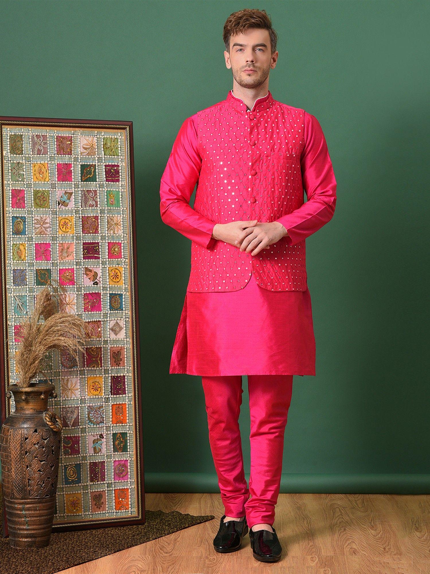 men party wear kurta-pyjama with jacket pink (set of 3)