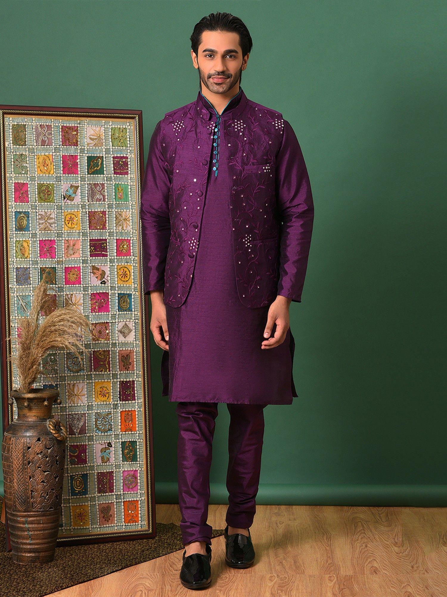 men party wear kurta-pyjama with jacket purple (set of 3)