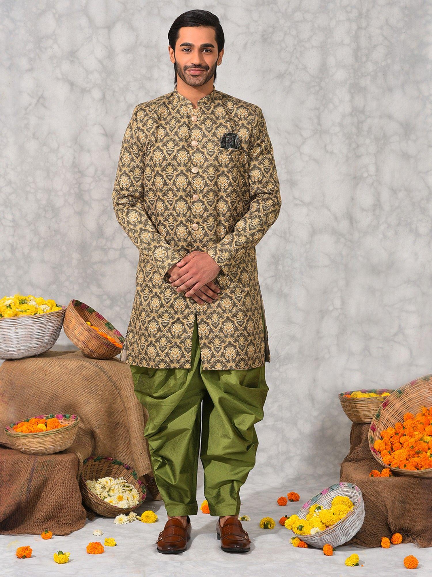 men party wear sherwani and salwar olive (set of 2)