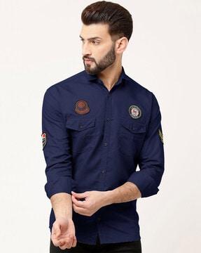 men patch-work regular fit shirt