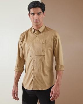 men patchwork cotton shirt with spread collar