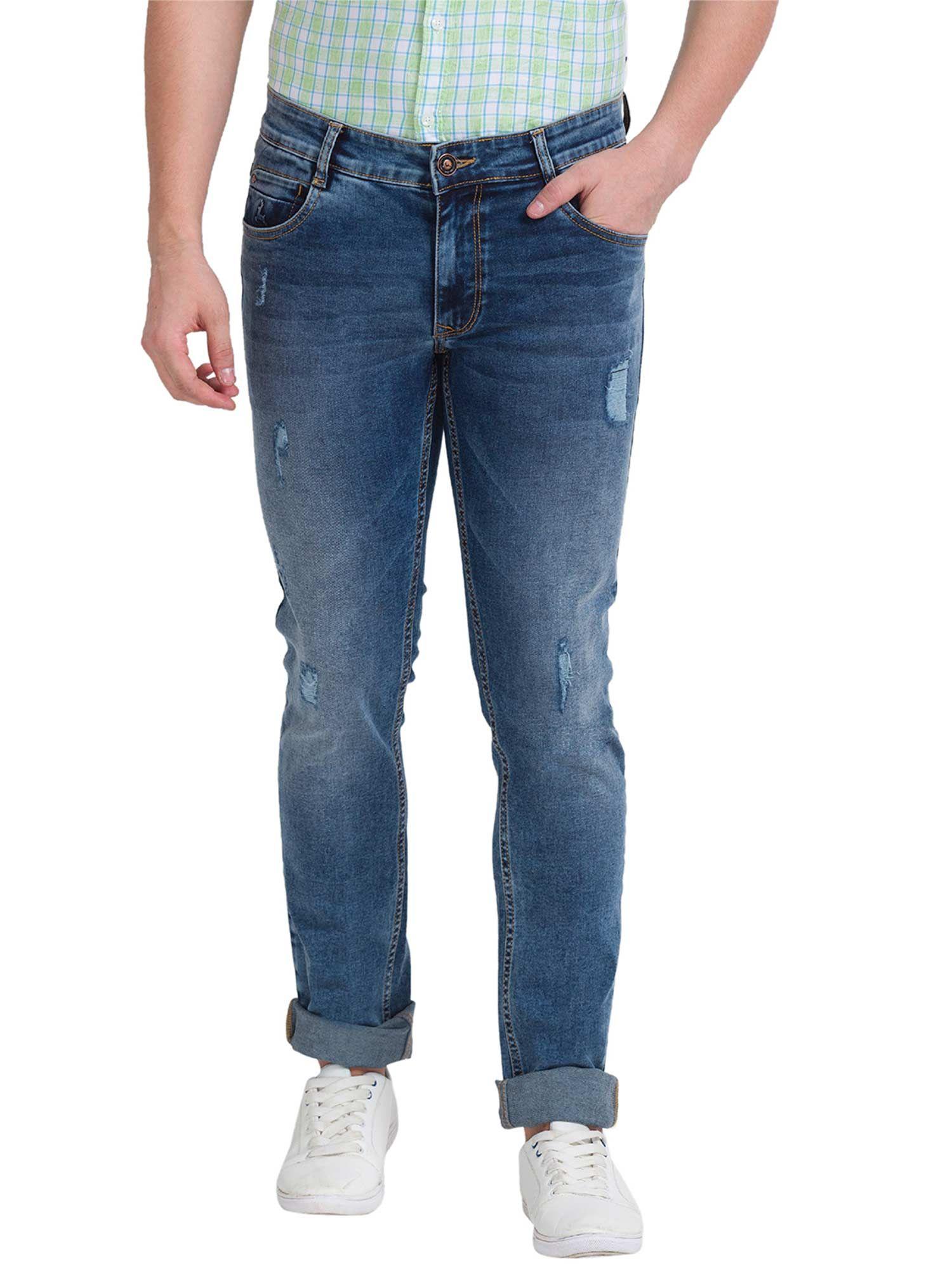 men patterned blue jeans
