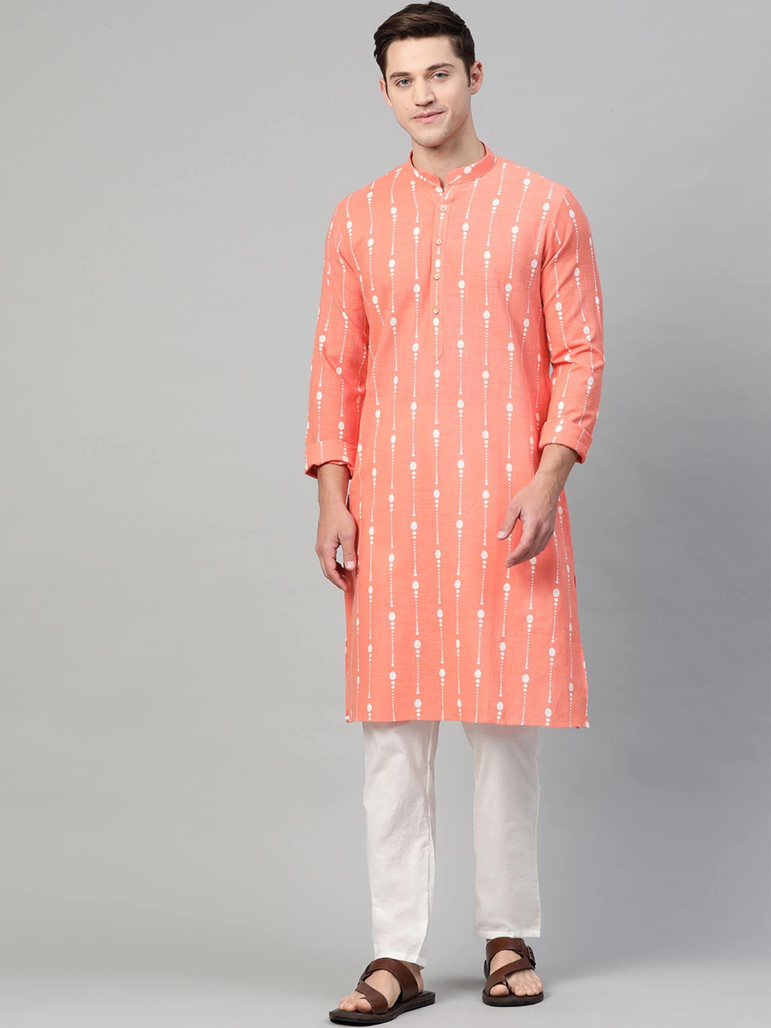 men peach & white printed straight kurta with pyjama (set of 2)