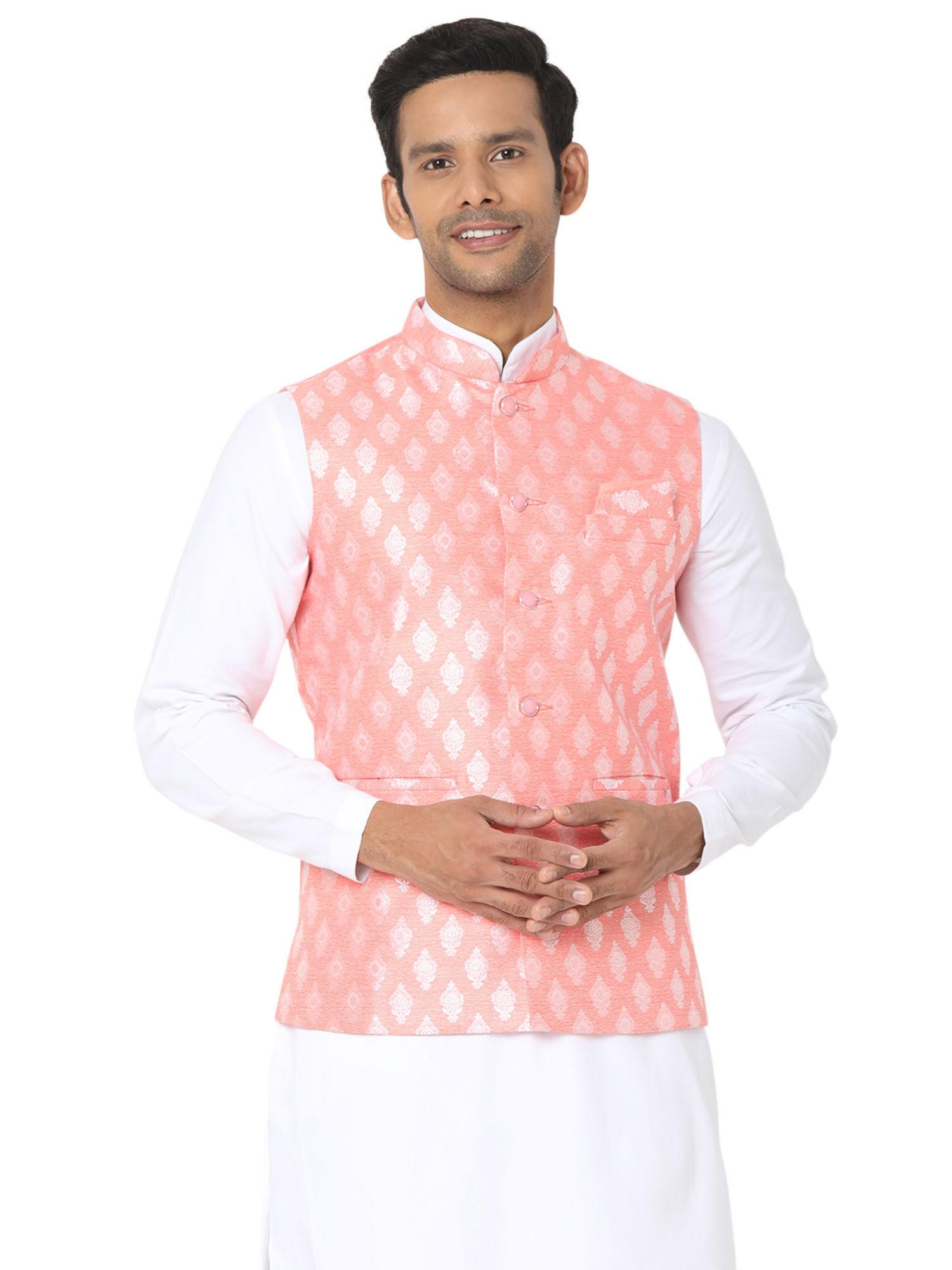 men peach art silk jacquard sleeveless nehru jacket