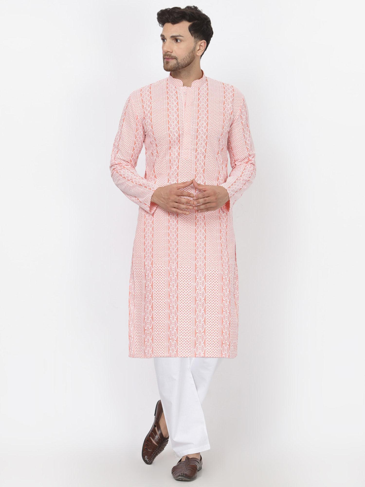 men peach cotton embroidered kurta with pyjama (set of 2)