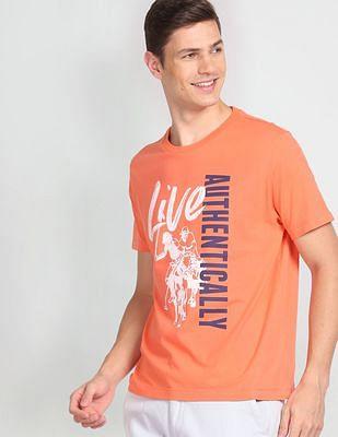 men peach cotton graphic print t-shirt