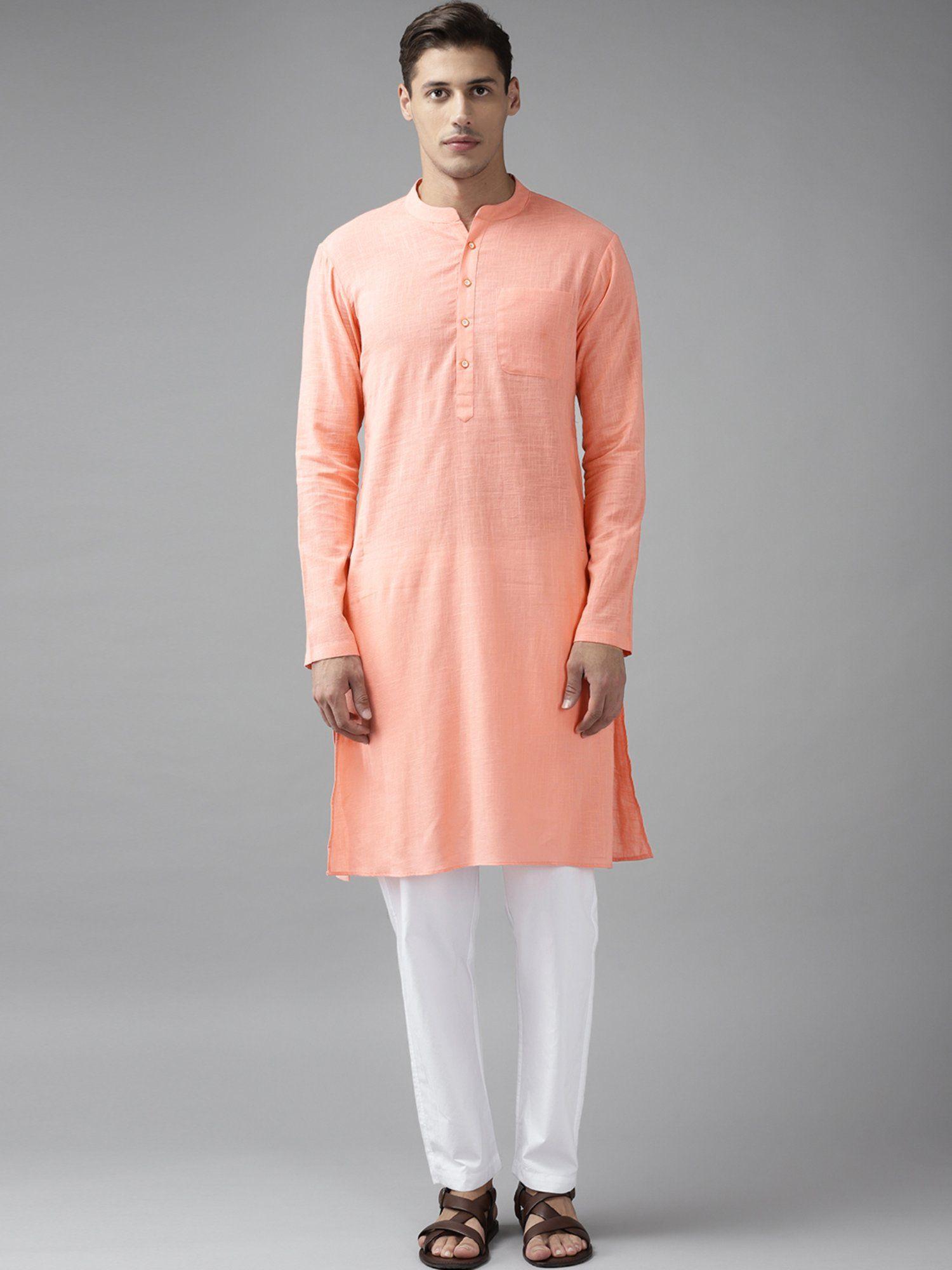 men peach cotton straight slub effect kurta & pyjama (set of 2)