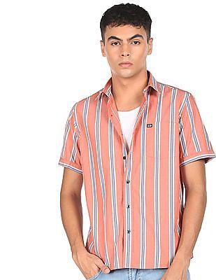 men peach cotton striped casual shirt