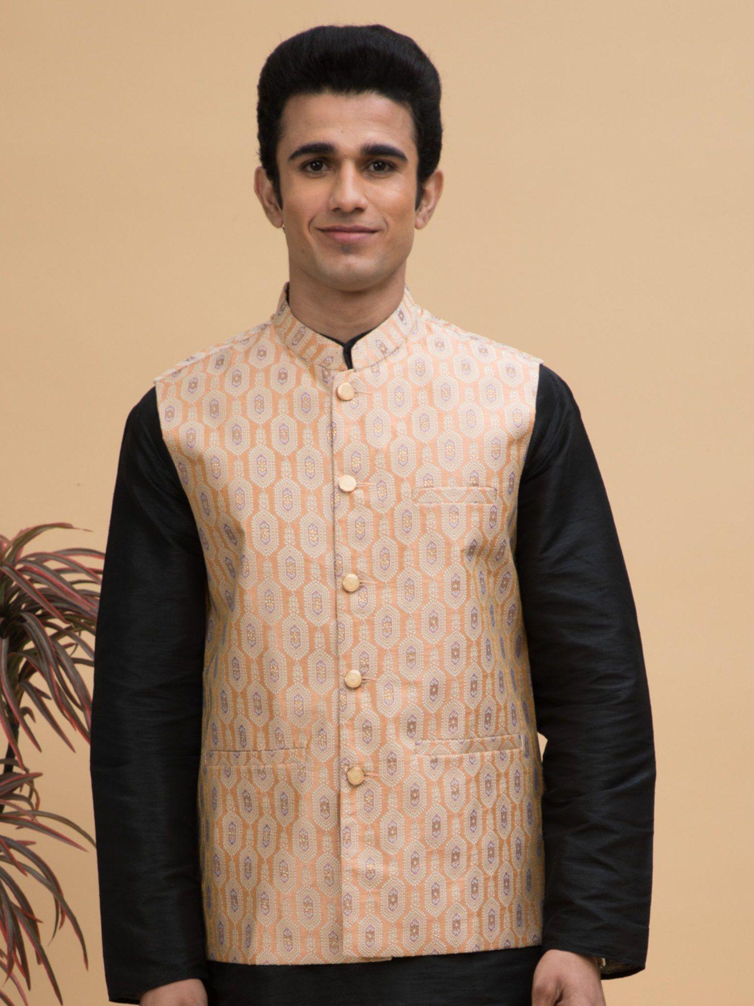 men peach jacquard ethnic motif silk blend nehru jacket