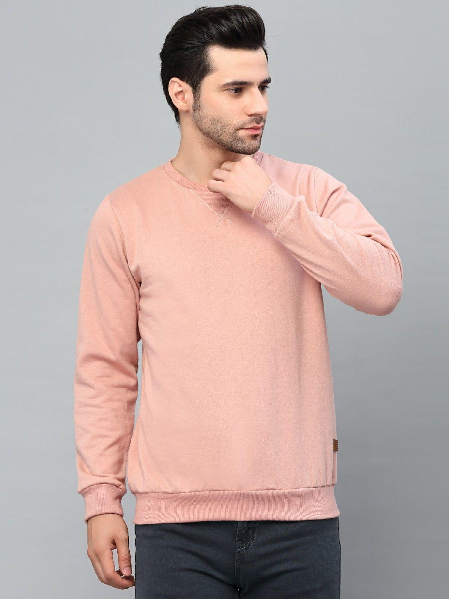 men peach neck stitch detail basic fleece sweatshirt