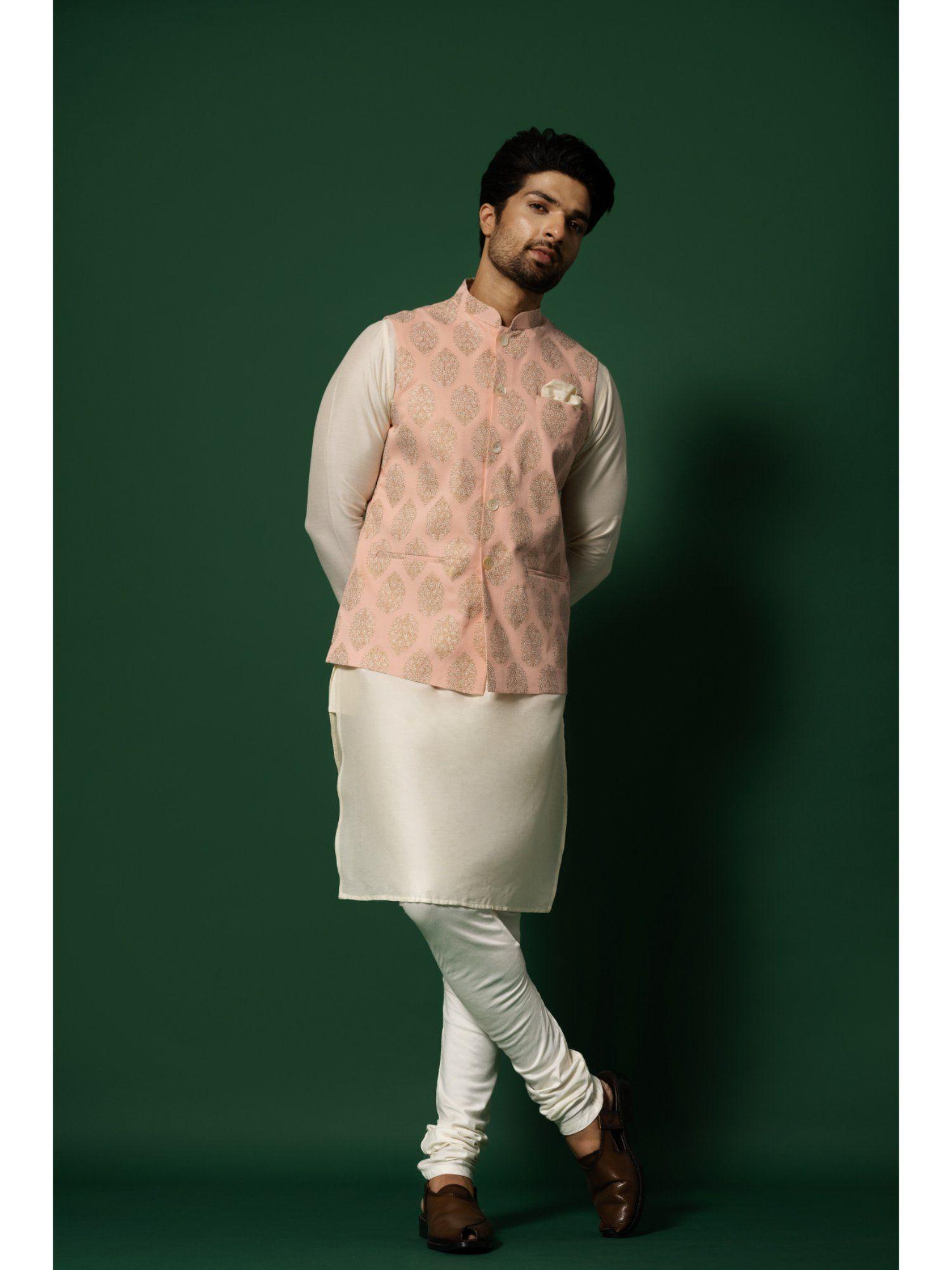 men peach nehru jacket churidar kurta (set of 3)