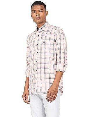 men peach patch pocket cotton check casual shirt