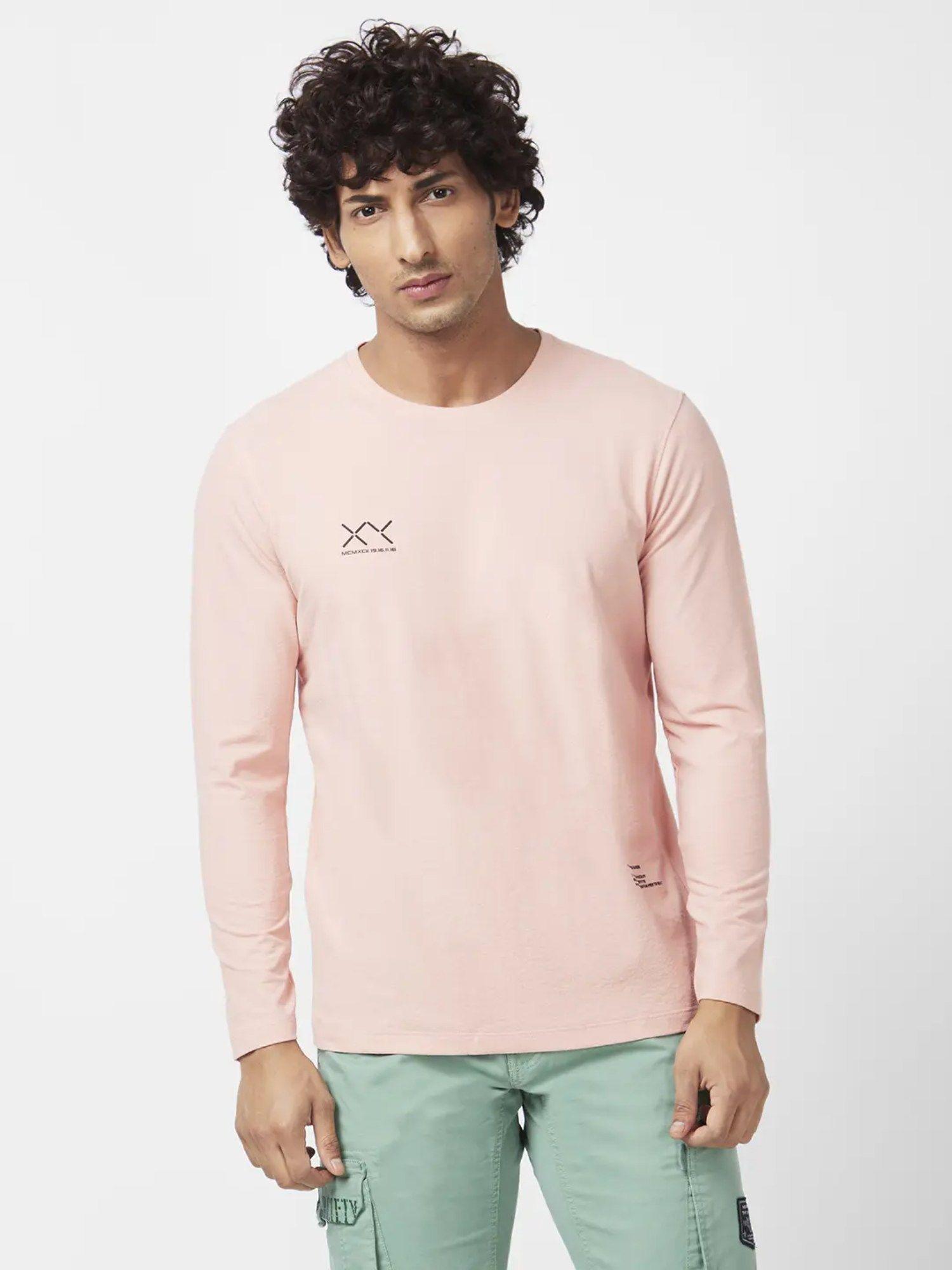 men peach pink blended slim fit full sleeve round neck plain t-shirt