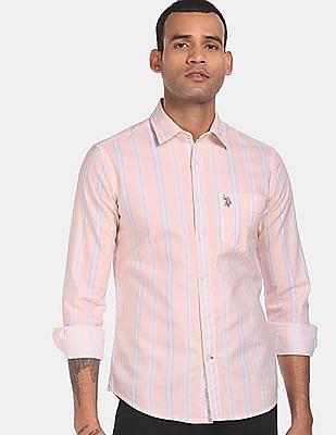 men peach rounded cuff striped cotton casual shirt