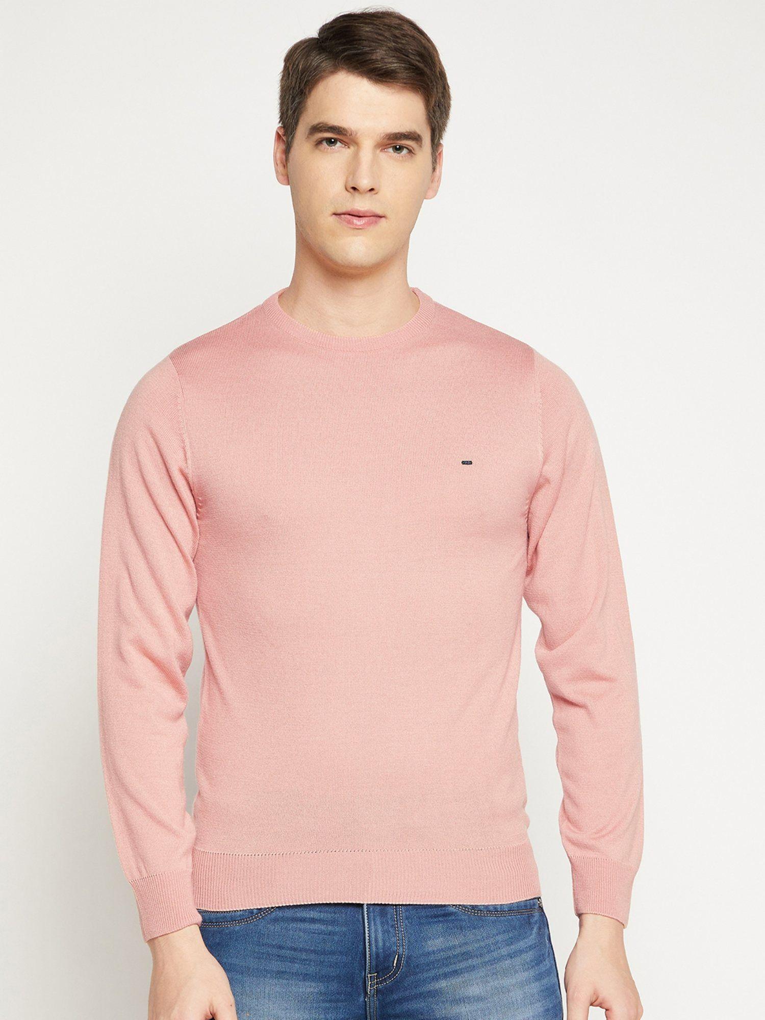 men peach solid acrylic round neck sweater
