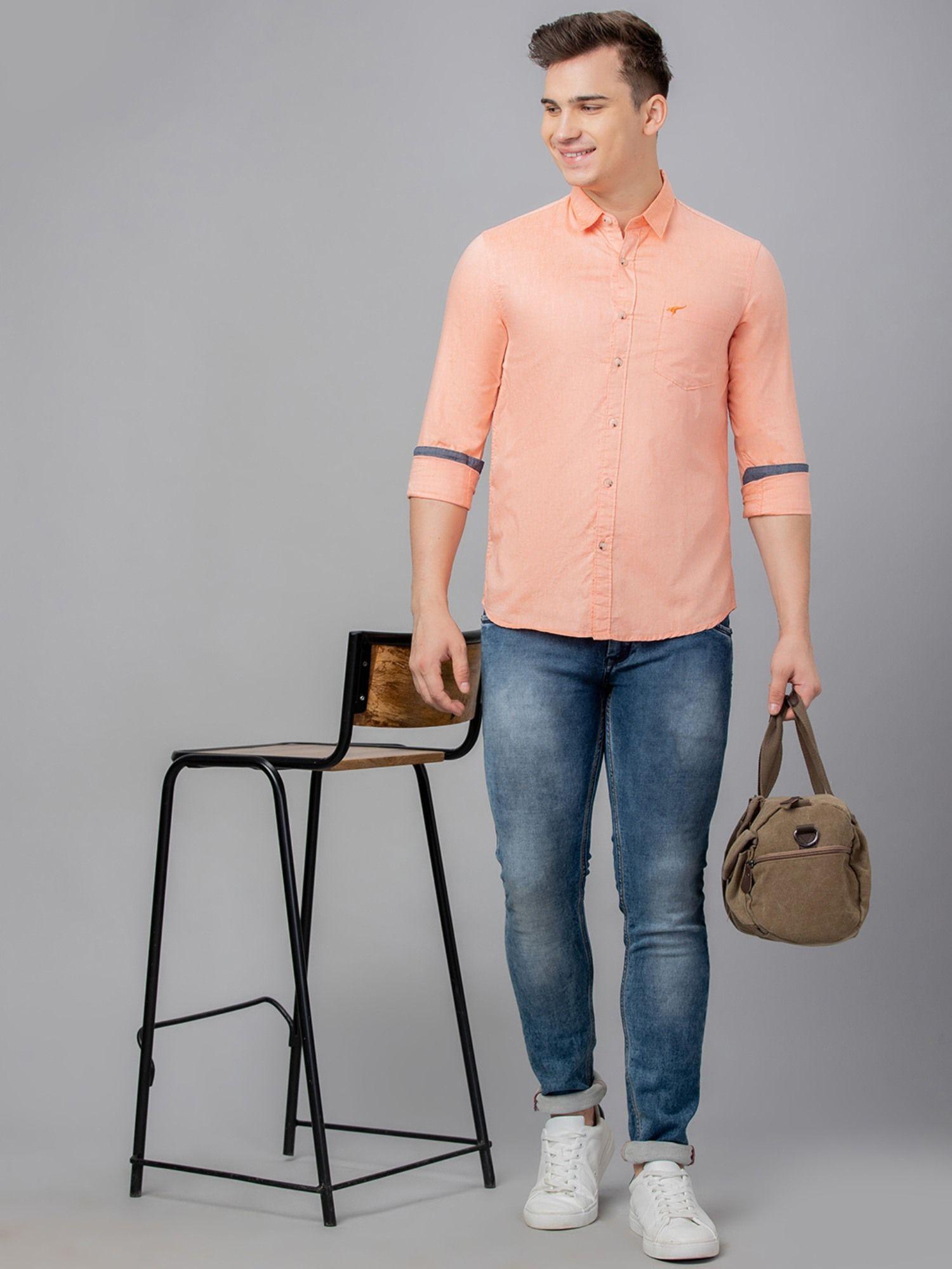 men peach solid cotton regular fit casual shirt