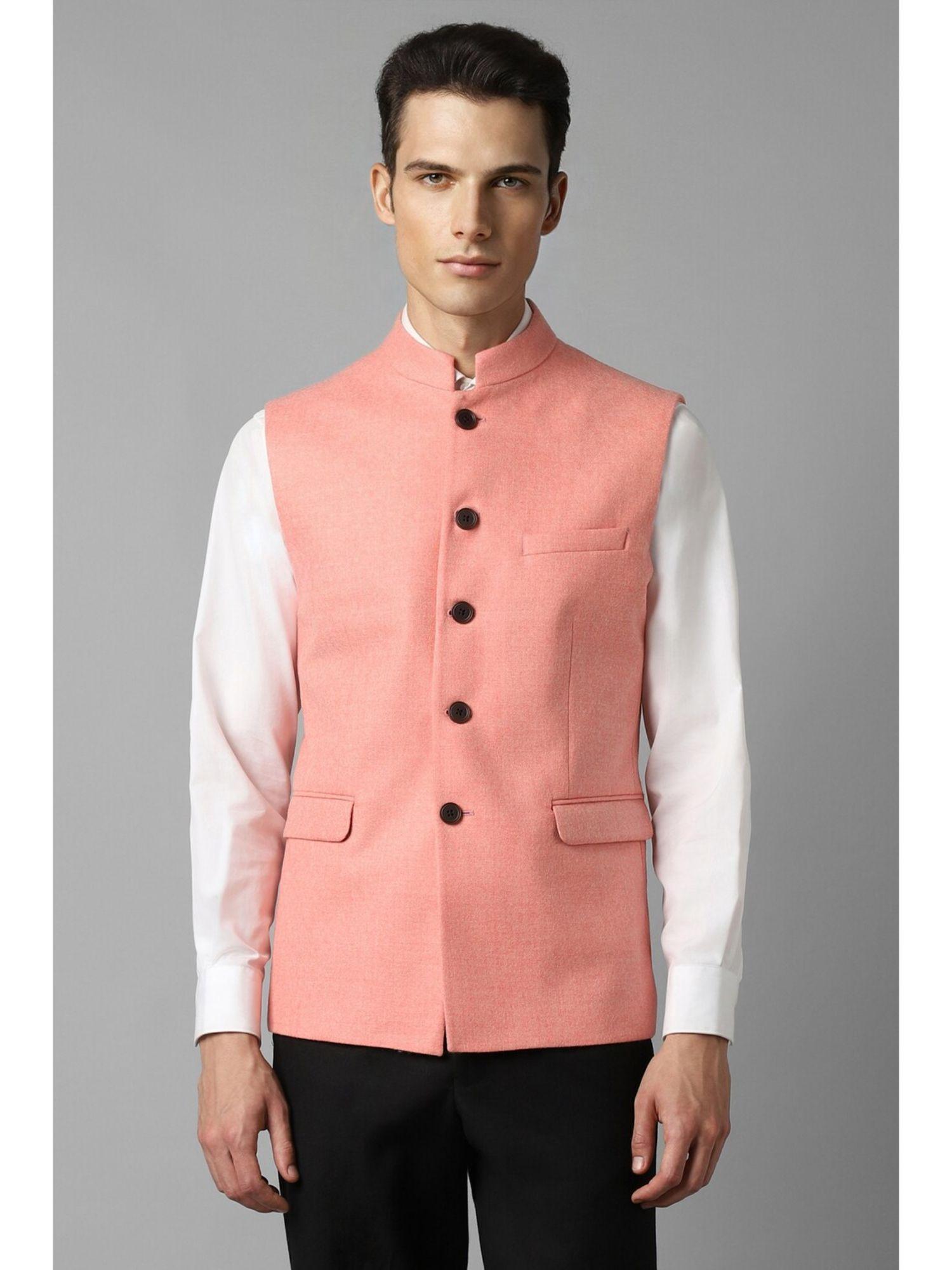 men peach solid slim fit party nehru jacket