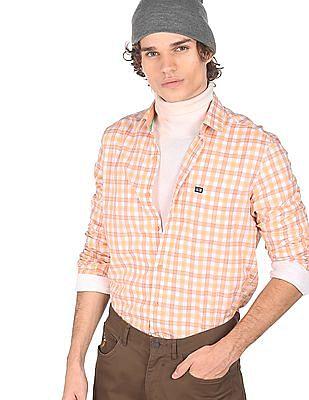 men peach spread collar check casual shirt
