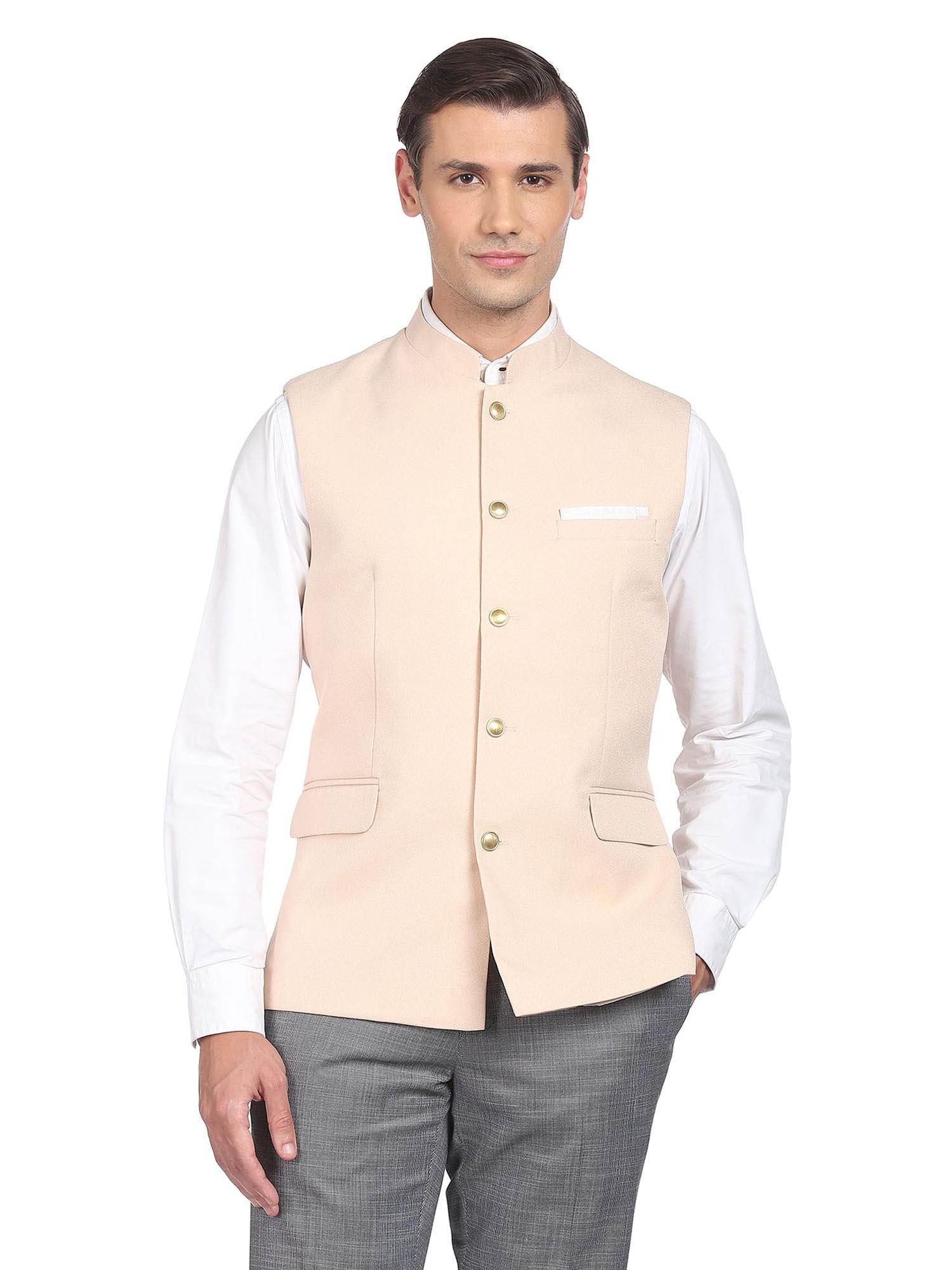 men peach textured tailored regular fit nehru jacket