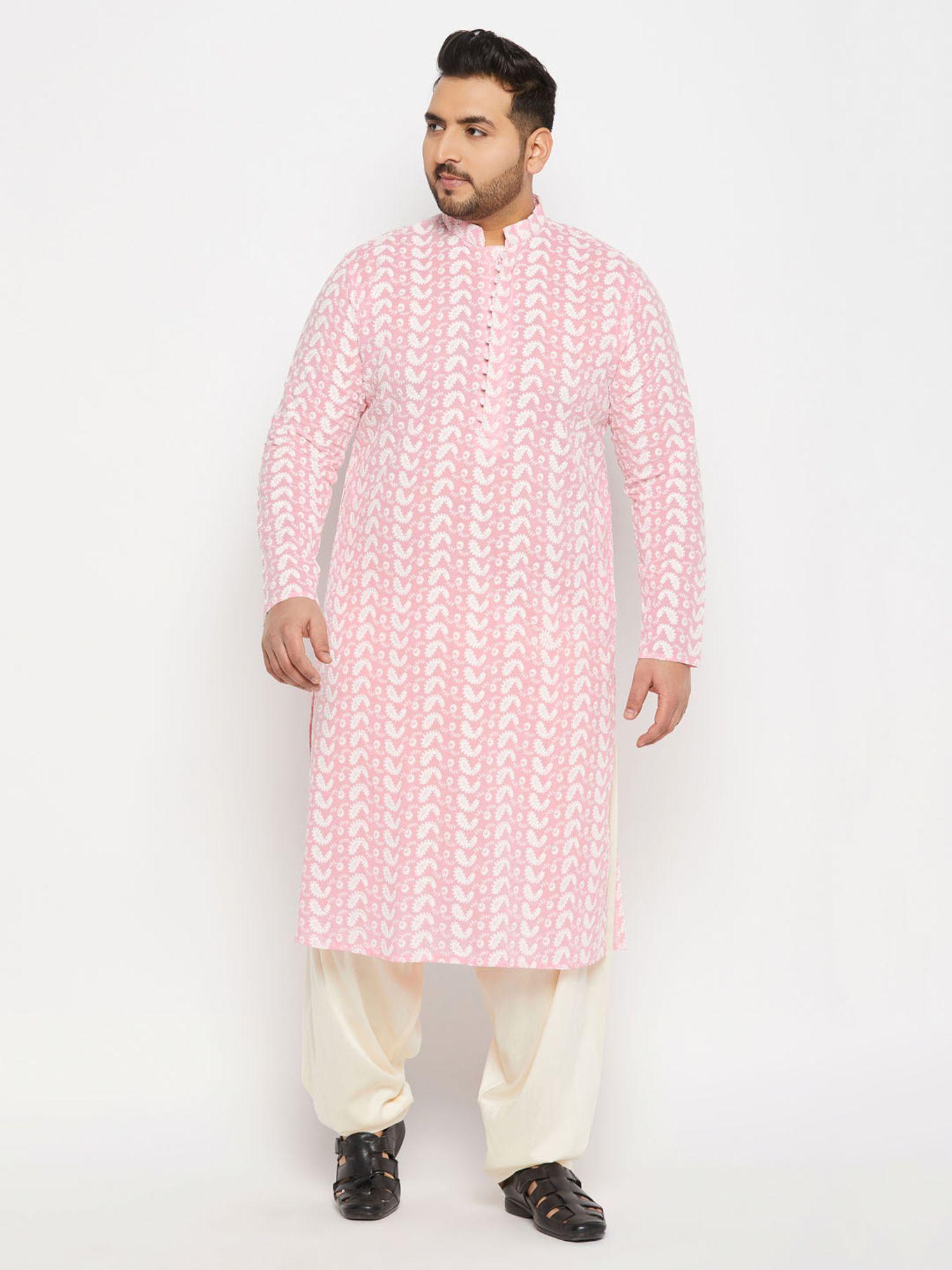 men pink & cream pure cotton kurta with patiala (set of 2)