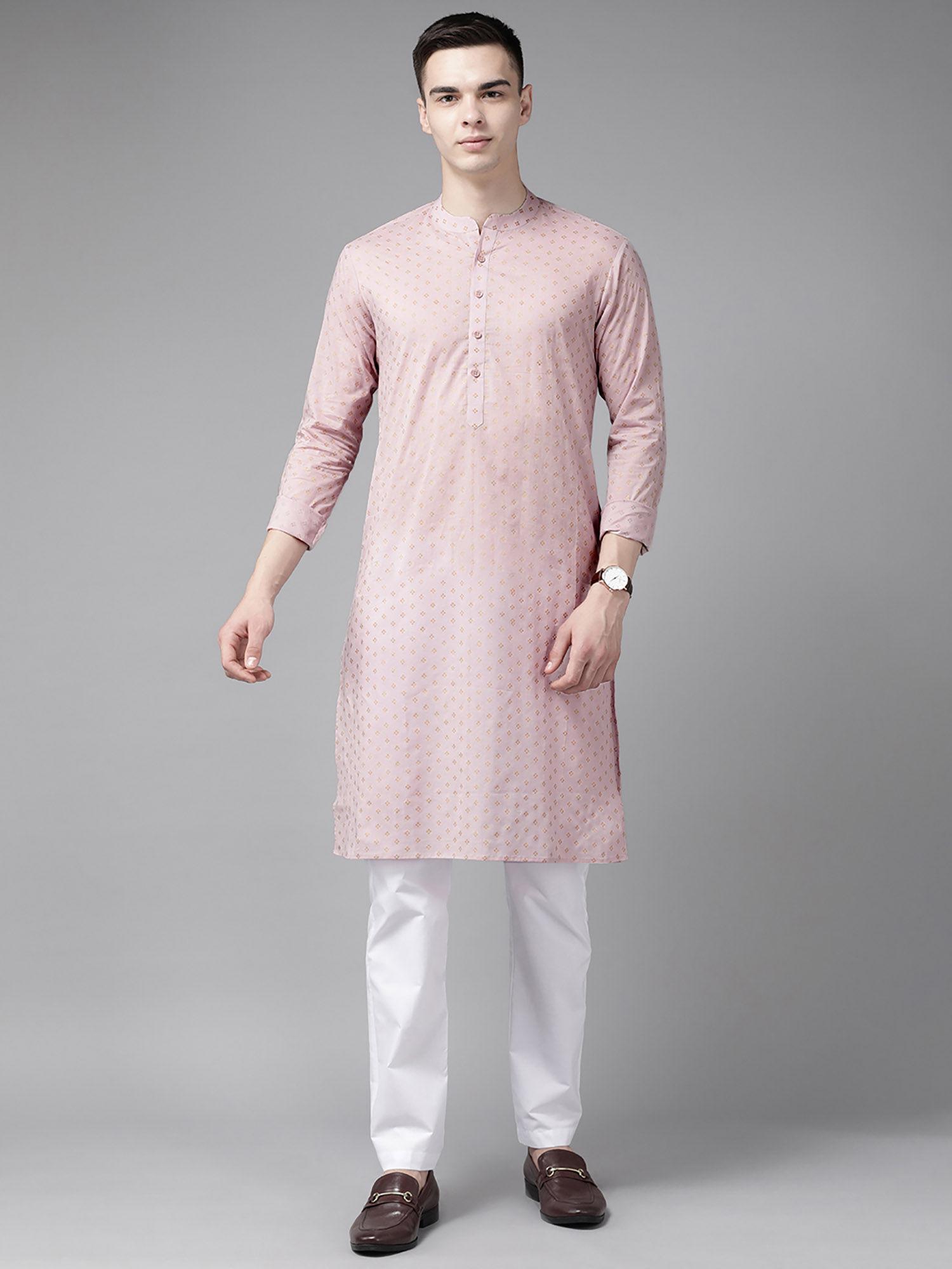 men pink & gold printed straight kurta with pyjama (set of 2)