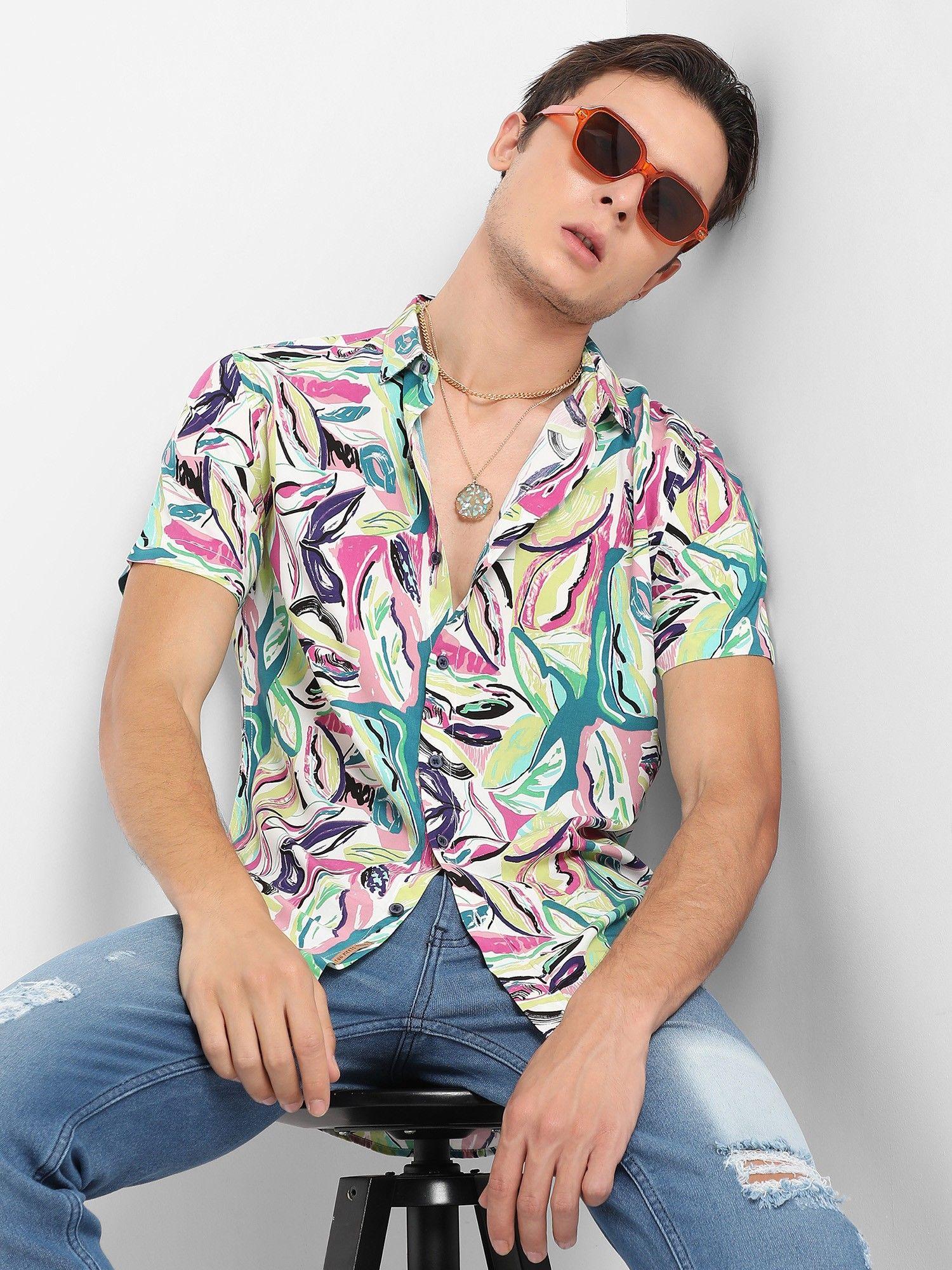 men pink & green abstract foliage shirt