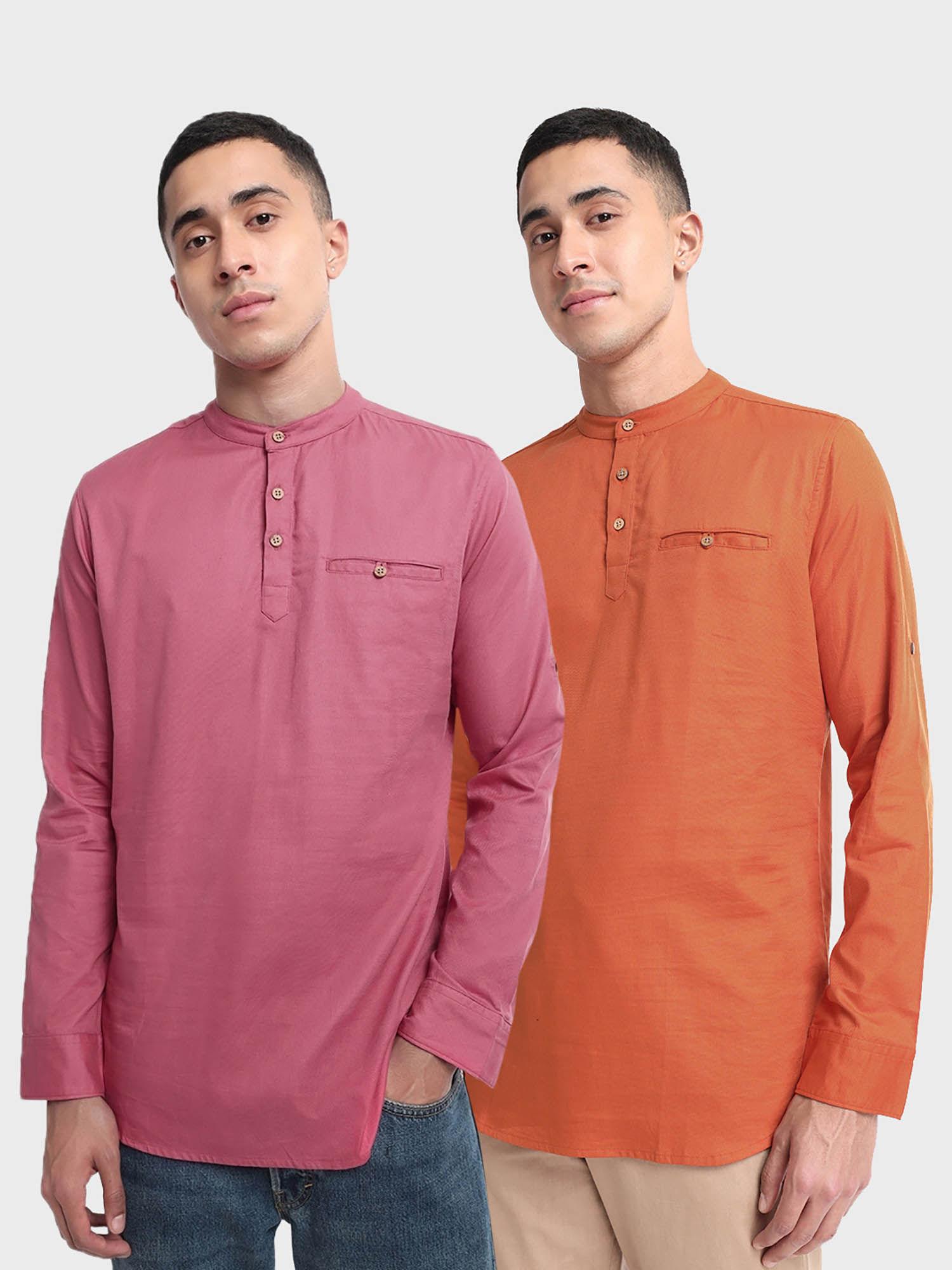 men pink & orange solid relaxed fit kurta (pack of 2)
