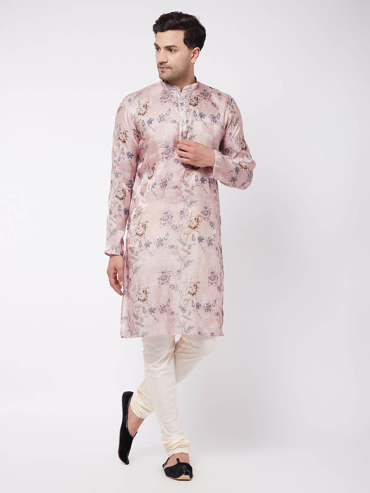 men pink & white cotton blend kurta pyjama (set of 2)