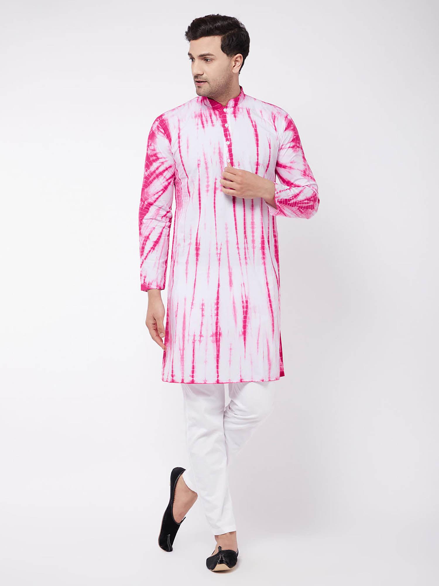 men pink & white pure cotton kurta pyjama (set of 2)