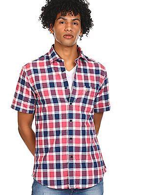 men pink and blue short sleeve check casual shirt