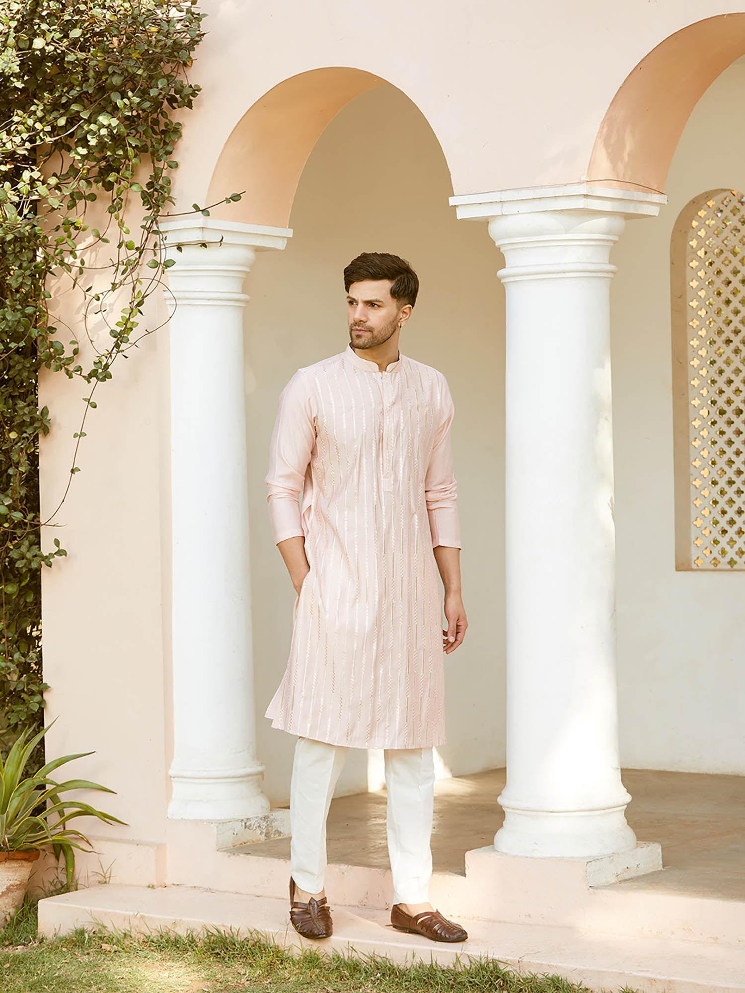 men pink and gold chanderi silk sequins kurta with pyjama (set of 2)