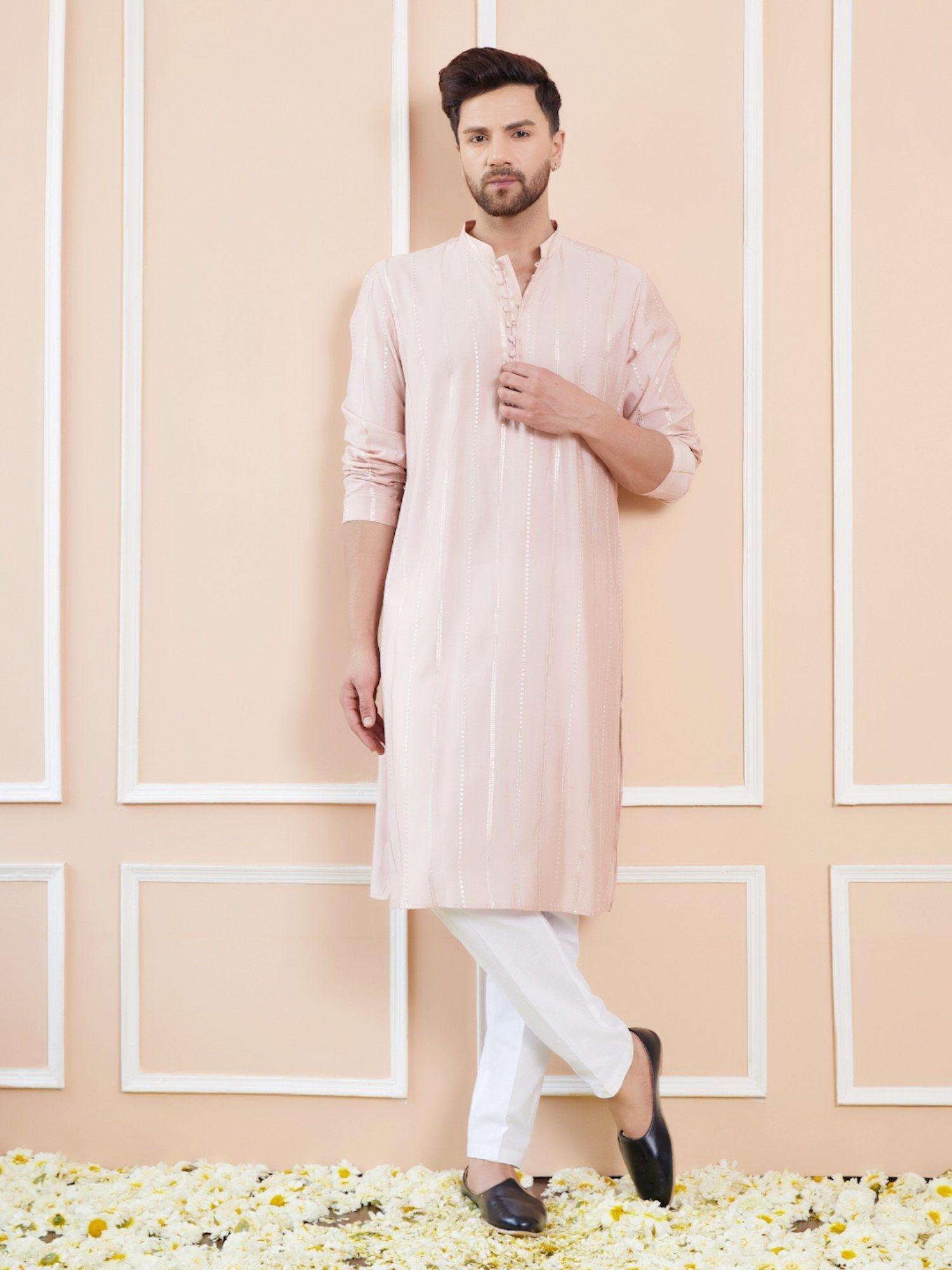 men pink and gold chanderi silk sequins kurta