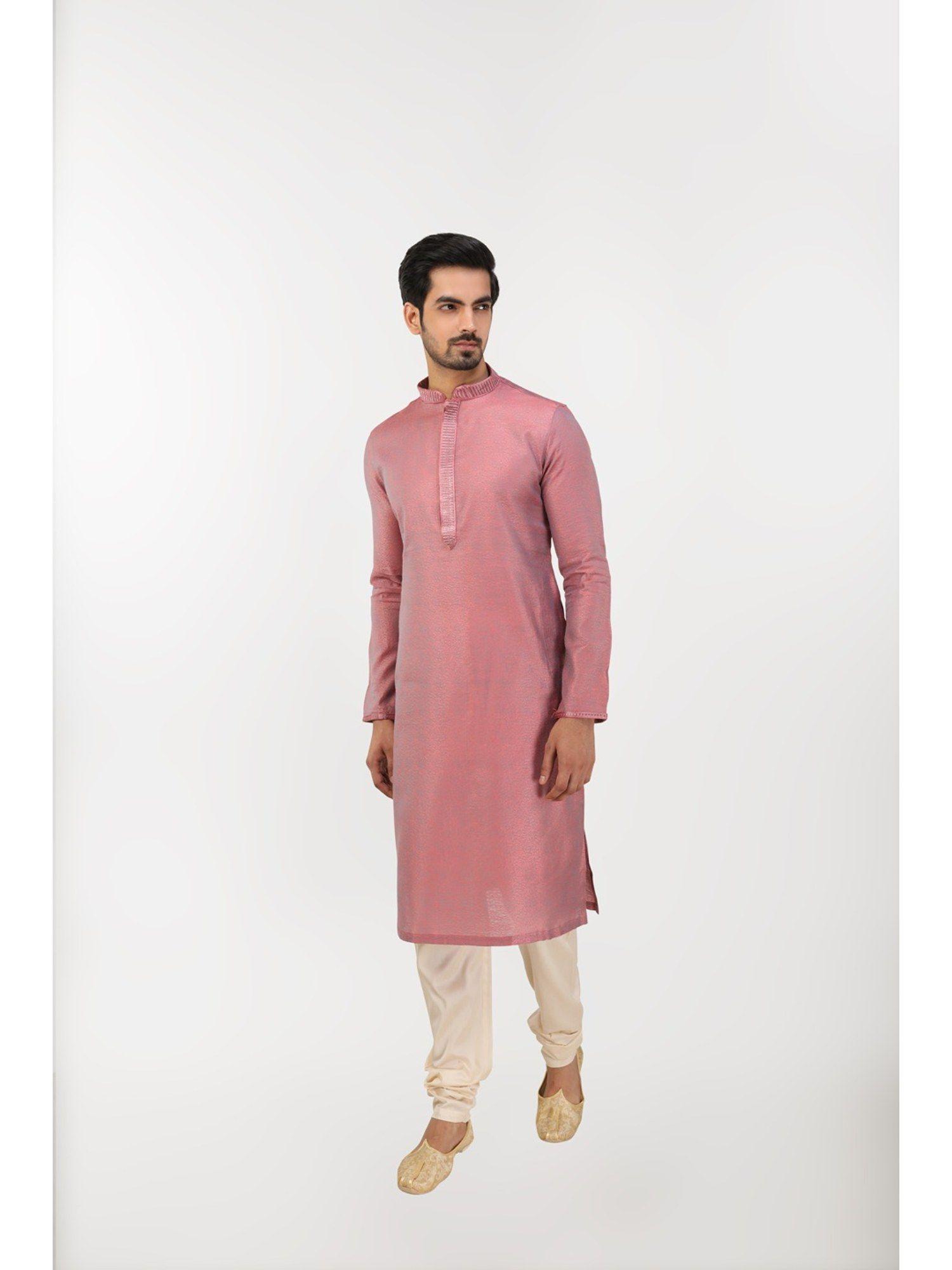 men pink art silk embroidered kurta