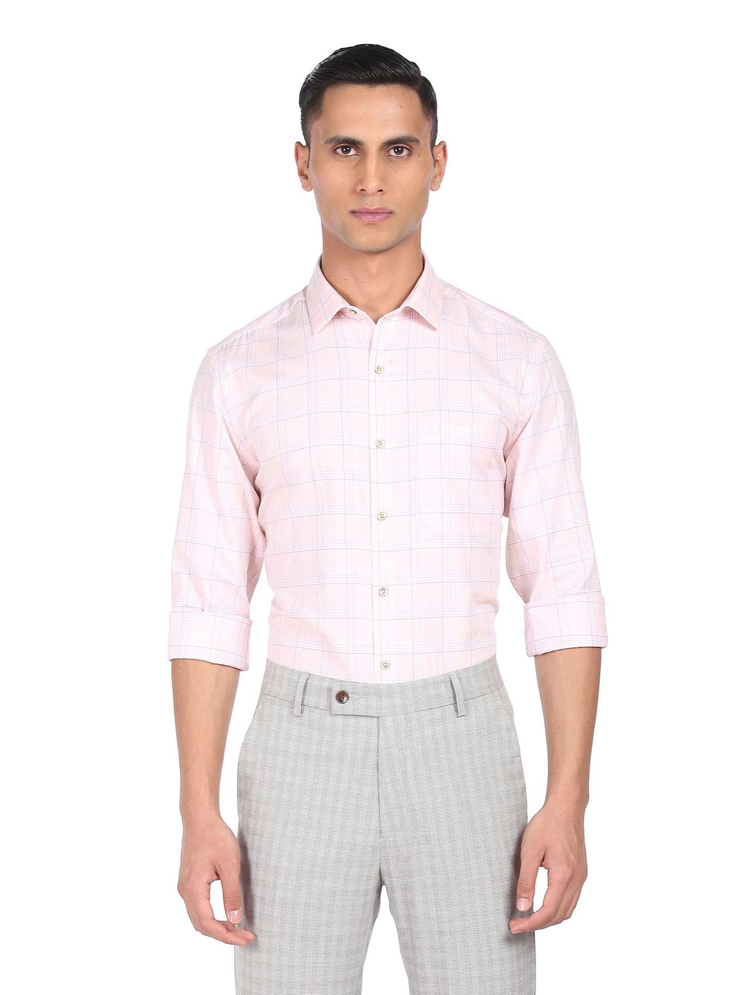 men pink check long sleeve formal shirt