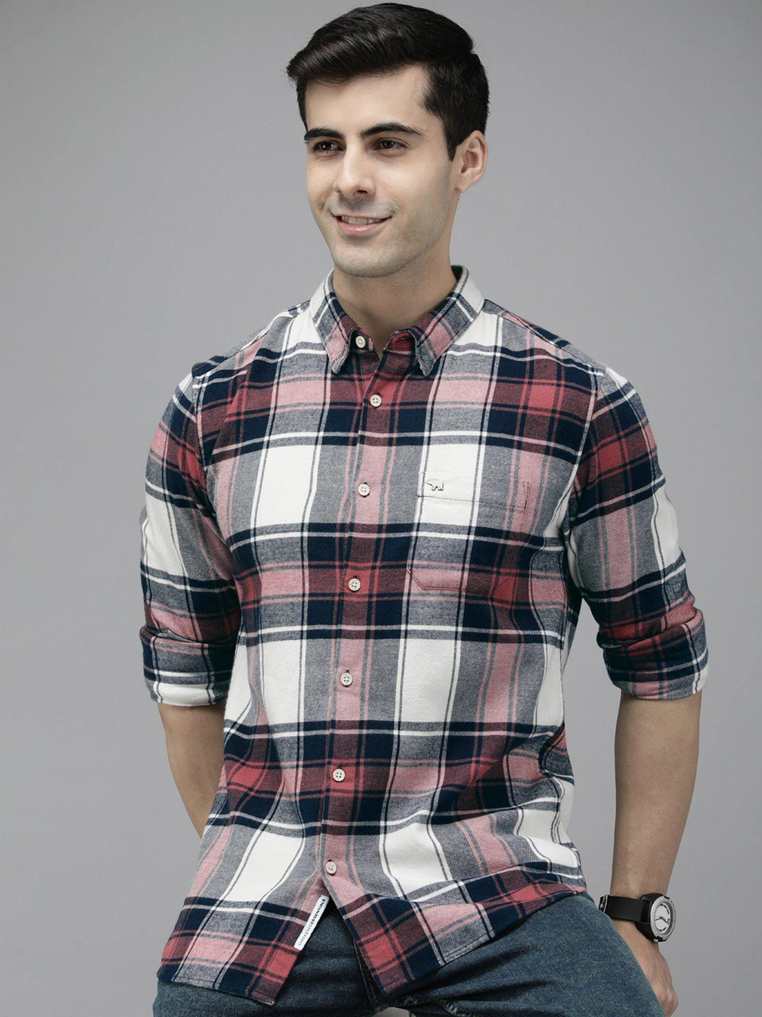 men pink checked flannel casual shirt