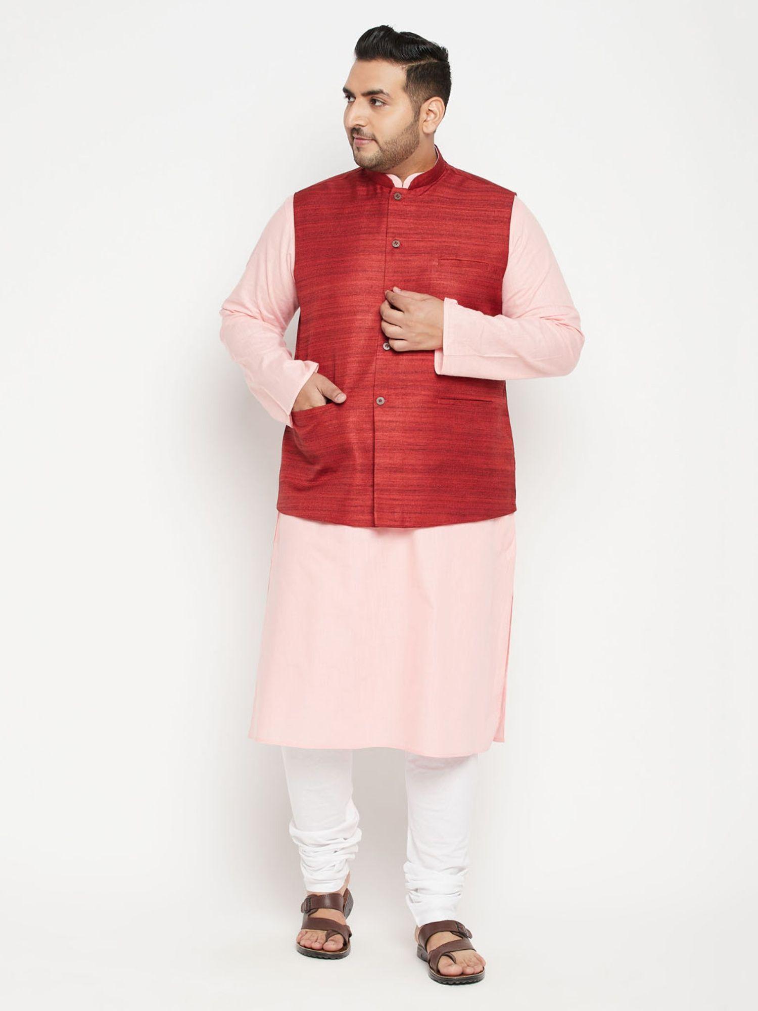 men pink cotton blend jacket kurta churidar (set of 3)