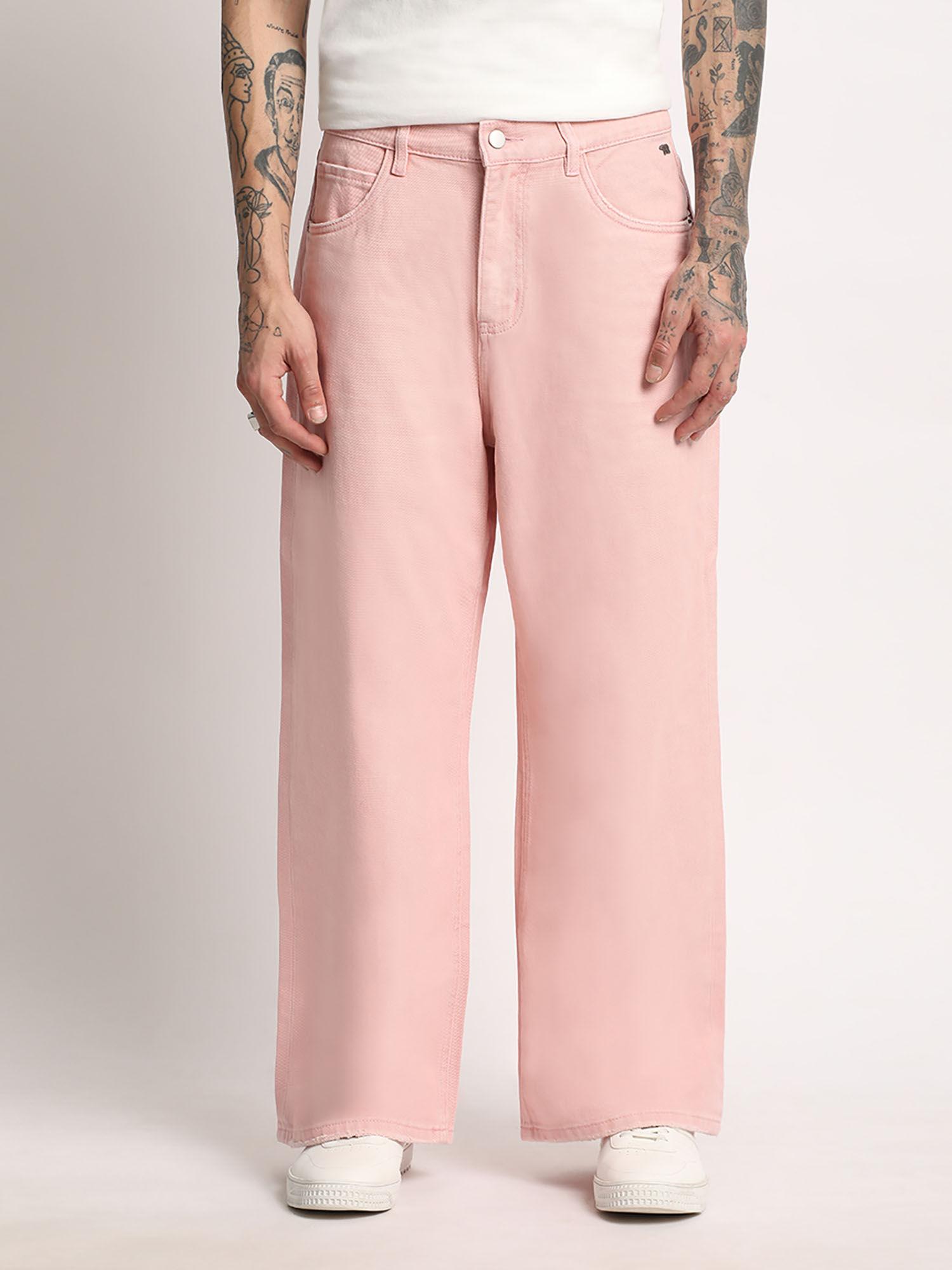 men pink cotton flared fit jean