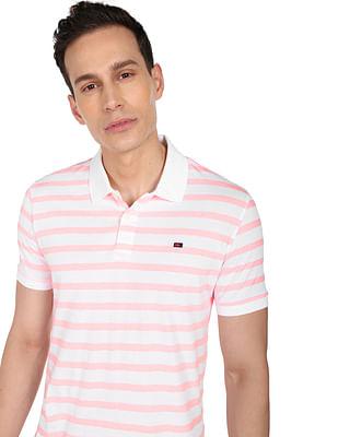 men pink cotton horizontal stripe polo shirt