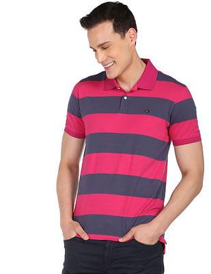 men pink cotton horizontal stripe polo shirt